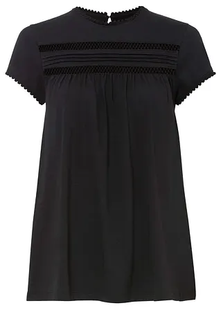 Baumwoll-Shirt mit Spitze in schwarz von vorne - bonprix