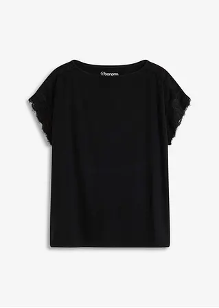 Shirt mit Crochet-Spitze in schwarz von vorne - bonprix