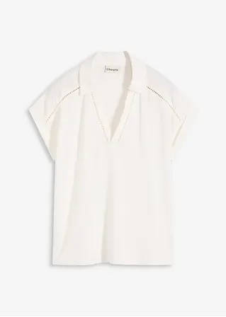 Poloshirt aus Viskose- Pique mit Spitzeneinsatz in weiß von vorne - bonprix