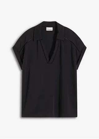 Poloshirt aus Viskose- Pique mit Spitzeneinsatz in schwarz von vorne - bonprix