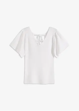 Ripp-Pullover mit kurzen Flügelärmeln in weiß von vorne - bonprix