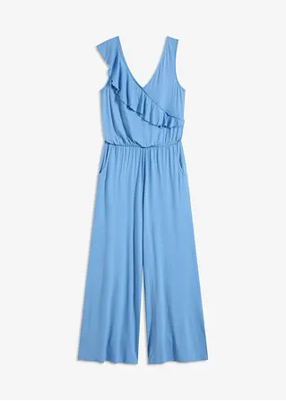 Jersey-Jumpsuit mit Volant in blau von vorne - bonprix