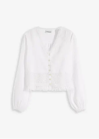Bluse mit Crochet-Einsatz und Fransen in weiß von vorne - bonprix