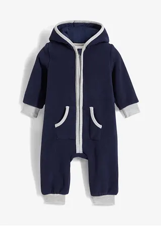 Fleeve-Overall mit Kapuze und Bärchen-Applikation in blau von vorne - bonprix