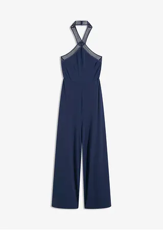 Jersey-Jumpsuit mit Laser-Cut Outs in blau von vorne - bonprix