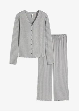 Loungewear Hausanzug aus weichem Pointelle-Jersey in grau von vorne - bonprix