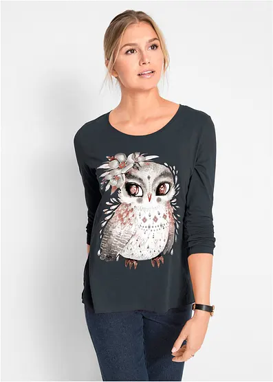 Футболка Bonprix Baumwoll-Langarmshirt mit Eulendruck