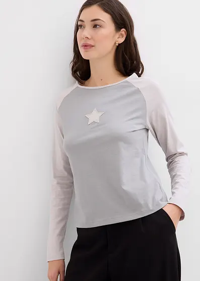 Футболка Bonprix Zweifarbiges Langarmshirt mit Stickerei