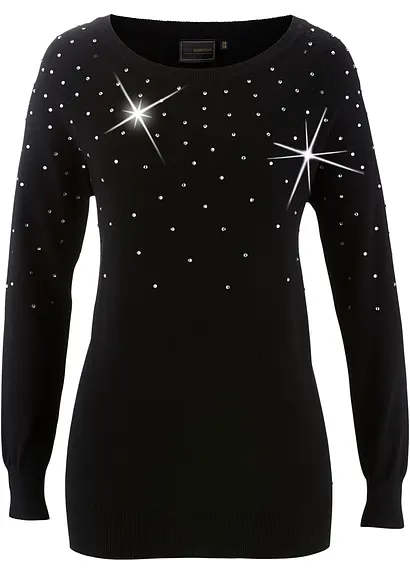 Long-Pullover mit Glitzersteinen in schwarz - bonprix