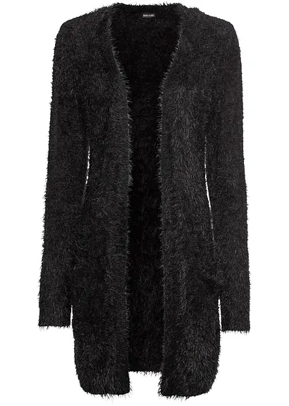 Longstrickjacke in Flauschoptik in schwarz von vorne - bonprix