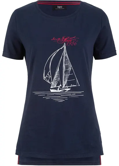 Baumwoll T-Shirt mit Seitenschlitz und Druck in blau von vorne - bonprix