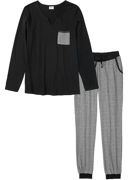 Pyjama mit Flanellhose in schwarz von vorne - bonprix