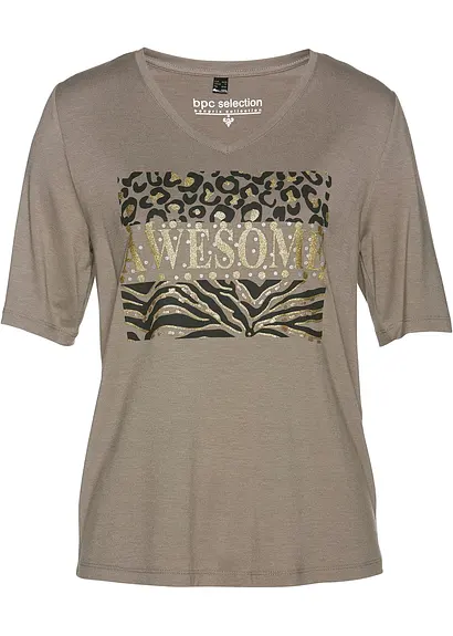 T-Shirt mit Glitzerprint in braun von vorne - bonprix