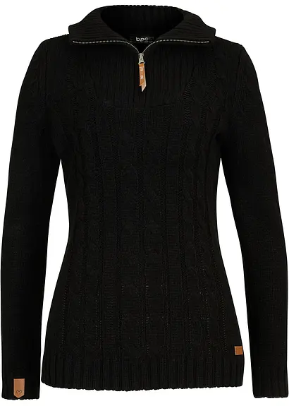 Troyer Pullover mit Zopfmuster in schwarz von vorne - bonprix