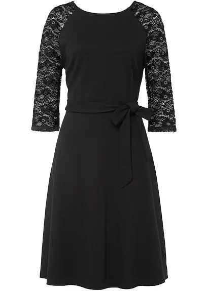 Jerseykleid mit Spitzenärmeln in schwarz von vorne - bonprix