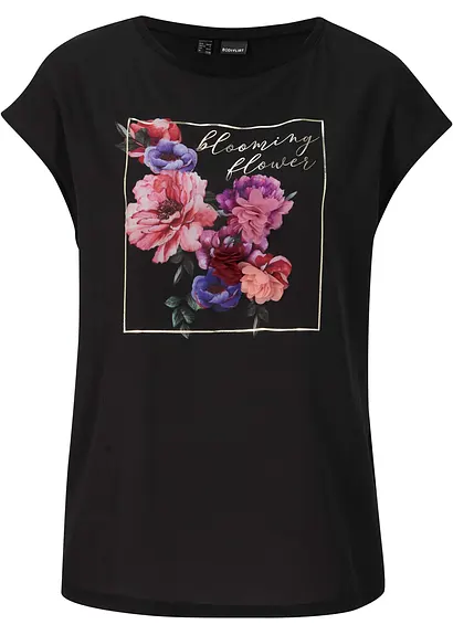 Shirt mit Webeinsatz und Applikation in schwarz von vorne - bpc selection premium