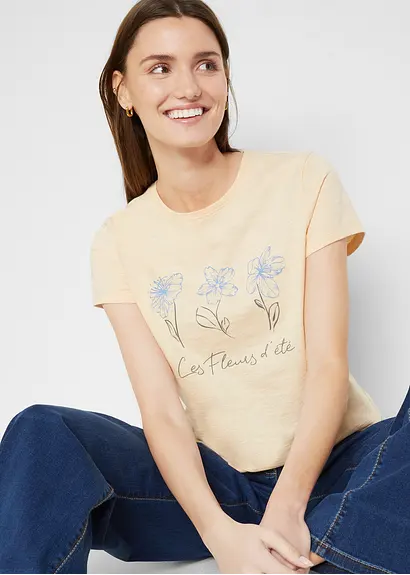 Basic T-Shirt mit Druck (2er Pack) in orange von vorne (im Anschnitt) - bonprix