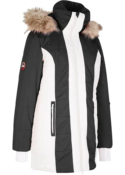 wasserabweisender Outdoor-Kurzmantel mit Fellimitat in schwarz von vorne - bonprix