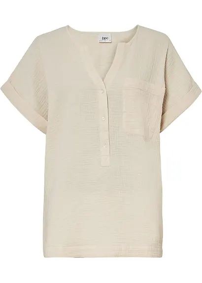 Musselin-Bluse mit Knopfleiste und Tasche in beige von vorne - bonprix
