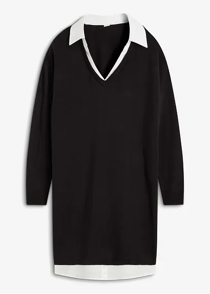 Strickkleid mit Blusen-Einsatz in schwarz von vorne - bonprix