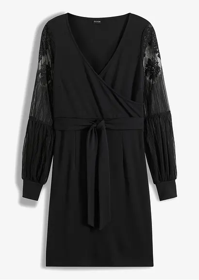 Jerseykleid mit Spitzenärmeln in schwarz von vorne - bonprix