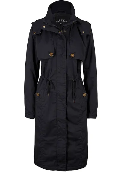 Langer Trenchcoat mit Kapuze, tailliert,  leicht wattiert in schwarz von vorne - bonprix