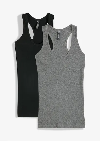 2er-Pack Ripp-Tanktop in schwarz von vorne - bonprix