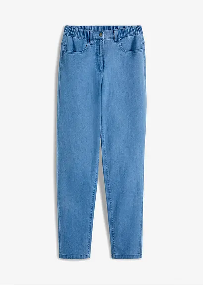 Mom-Jeans, High Waist, Stretch in blau von vorne - bonprix