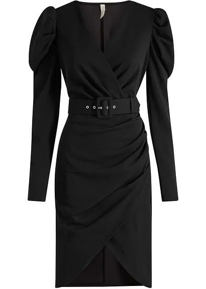 Midikleid aus strukturiertem Crêpe mit Gürtel in schwarz von vorne - bonprix