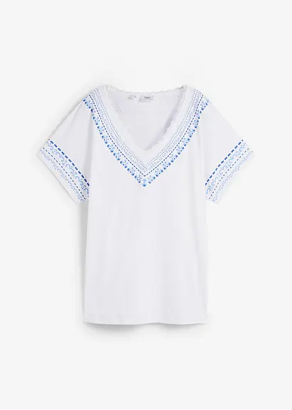 Bequem geschnittenes T-Shirt mit Stickerei-Print mit Bio-Baumwolle in weiß von vorne - bonprix