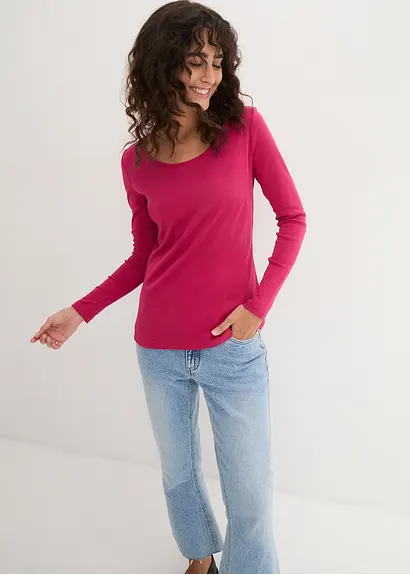 Langarmshirt aus reiner Bio-Baumwolle in pink von vorne (im Anschnitt) - bonprix