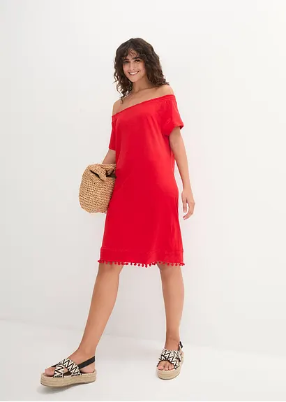 Jersey-Carmenkleid in rot im Look von vorne (Totalaufnahme) - bonprix
