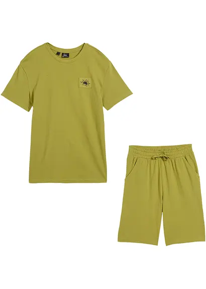 T-Shirt und kurze Hose aus Bio Baumwolle (2-tlg.Set) in grün von vorne - bonprix