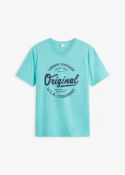 T-Shirt mit V-Ausschnitt aus reiner Baumwolle in grün von vorne - bonprix
