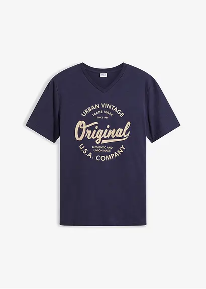 T-Shirt mit V-Ausschnitt aus reiner Baumwolle in blau von vorne - bonprix