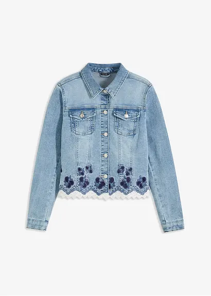 Jeansjacke mit Stickerei und Spitze in blau von vorne - bonprix