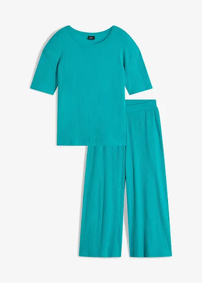 Loungewear Hausanzug aus Rippe mit Culotte in grün von vorne - bonprix