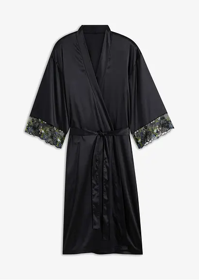 Satin Kimono mit Stickerei in schwarz von vorne - bonprix