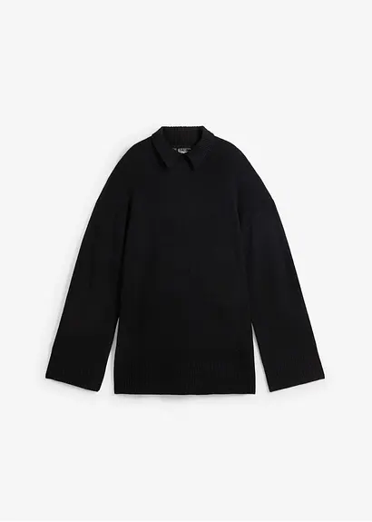 Oversize Pullover mit Turtleneck und Seitenschlitzen in schwarz von vorne - bonprix