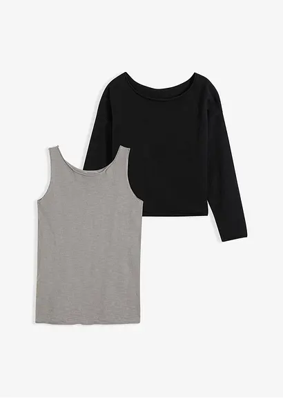 Pullover und Top aus reiner Baumwolle (2-tlg.Set) in schwarz von vorne - bonprix
