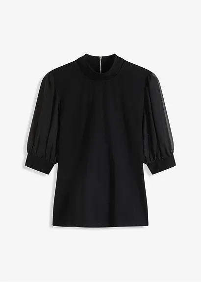 Shirt mit Mesh-Ärmel in schwarz von vorne - bonprix
