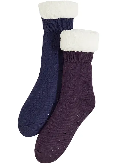 Haussocken mit Teddyfutter mit recyceltem Polyester (2er Pack) in blau von vorne - bonprix