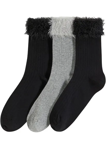 Socken mit Rippstruktur und Umschlagbündchen mit Bio-Baumwolle (3er Pack) in schwarz von vorne - bonprix