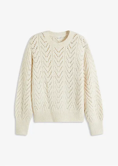Flauschpullover mit Lochmuster in weiß von vorne - bonprix