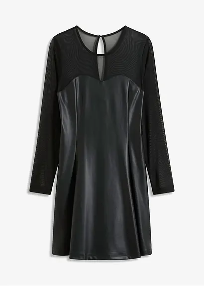 Lederimitat-Kleid mit luftigem Mesh-Einsatz in schwarz von vorne - bonprix