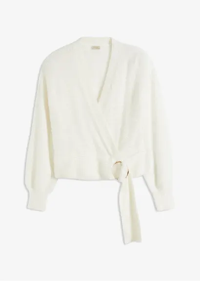 Wickelpullover mit Accessoire in weiß von vorne - bonprix