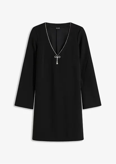 Mini-Kleid mit Glitzersteinschleife in schwarz von vorne - bonprix