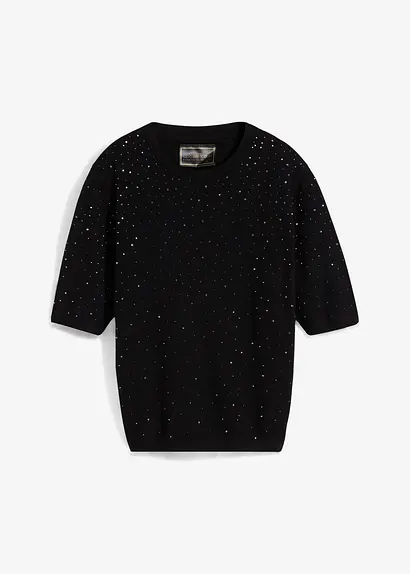 Pullover mit Glitzersteinchen, 1/2 Arm in schwarz von vorne - bonprix