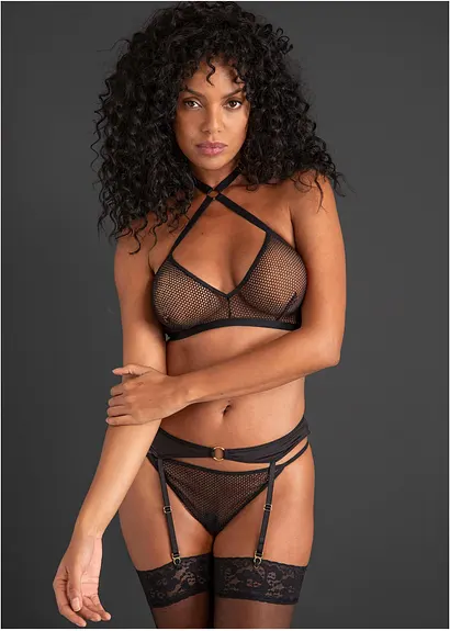 Bralette + String + Strapshalter (3-tlg.Set) in schwarz von vorne (Totalaufnahme) - VENUS