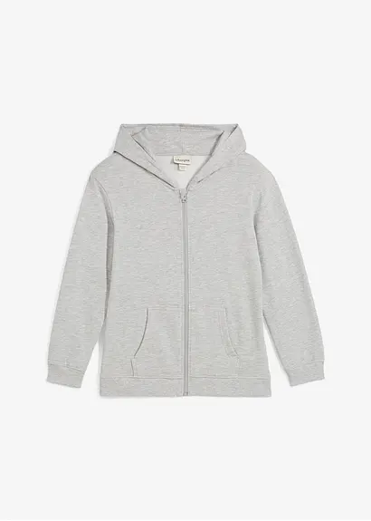 Kapuzen-Sweatjacke aus weichem Bio-Baumwoll-Mix in grau von vorne - bonprix